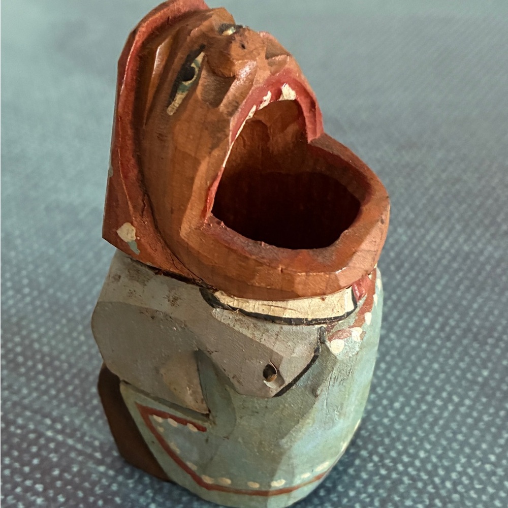 Vintage Anri Big Mouth Matchstick or Toothpick Holder Carved Wooden Italian